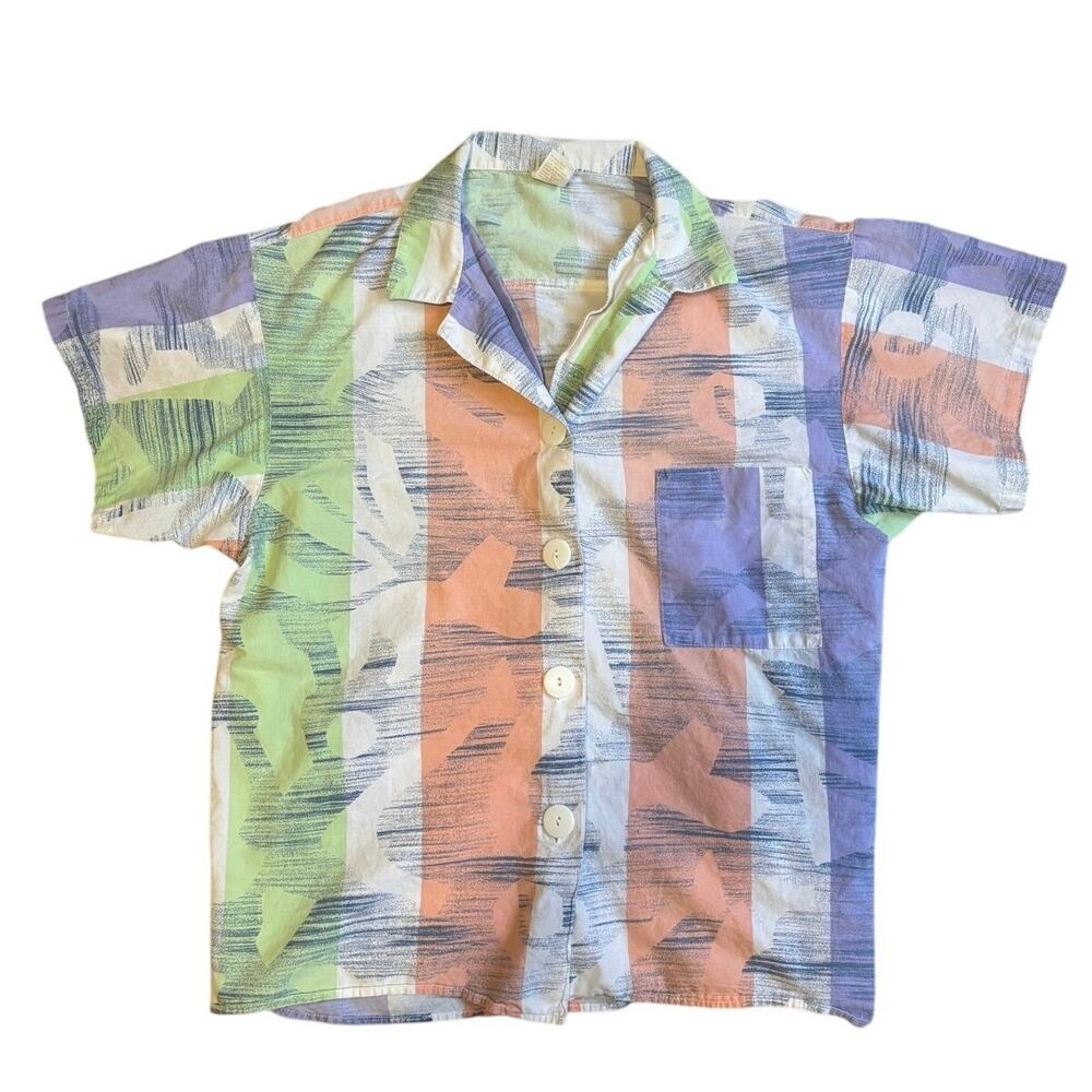 Vintage 1970s Jantzen Button‑Up Shirt 🌈 Retro Pastel Brushstroke Print🌼 Size L